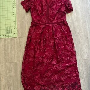 Deep Red/pink Floral Lace Midi Dress